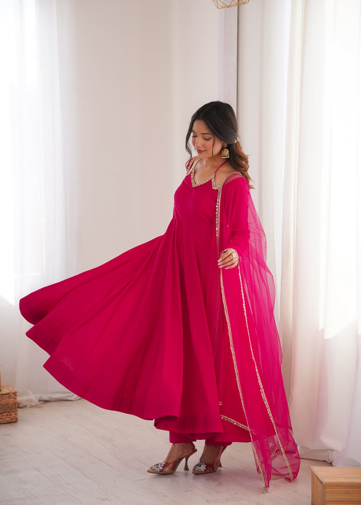 RomanSilk Chanderi Flared Anarkali Gown with Mirror Lace Dupatta & Pant Set