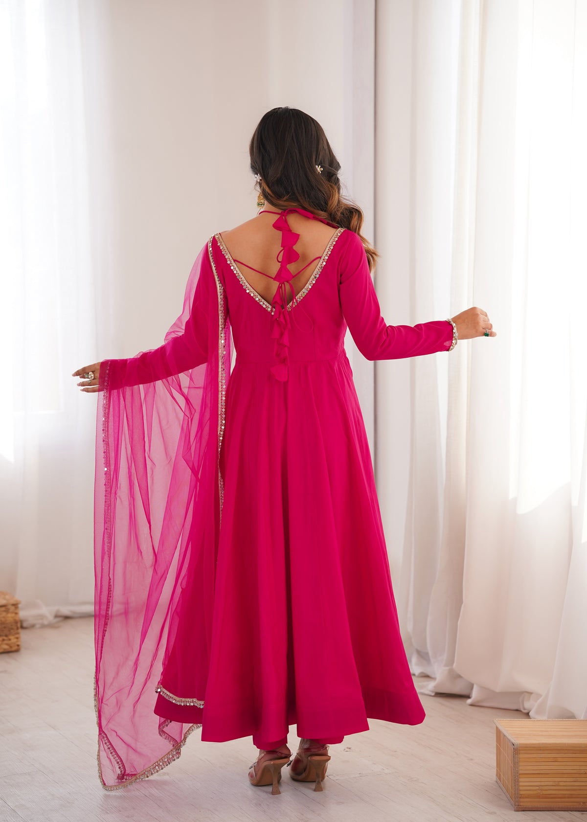 RomanSilk Chanderi Flared Anarkali Gown with Mirror Lace Dupatta & Pant Set