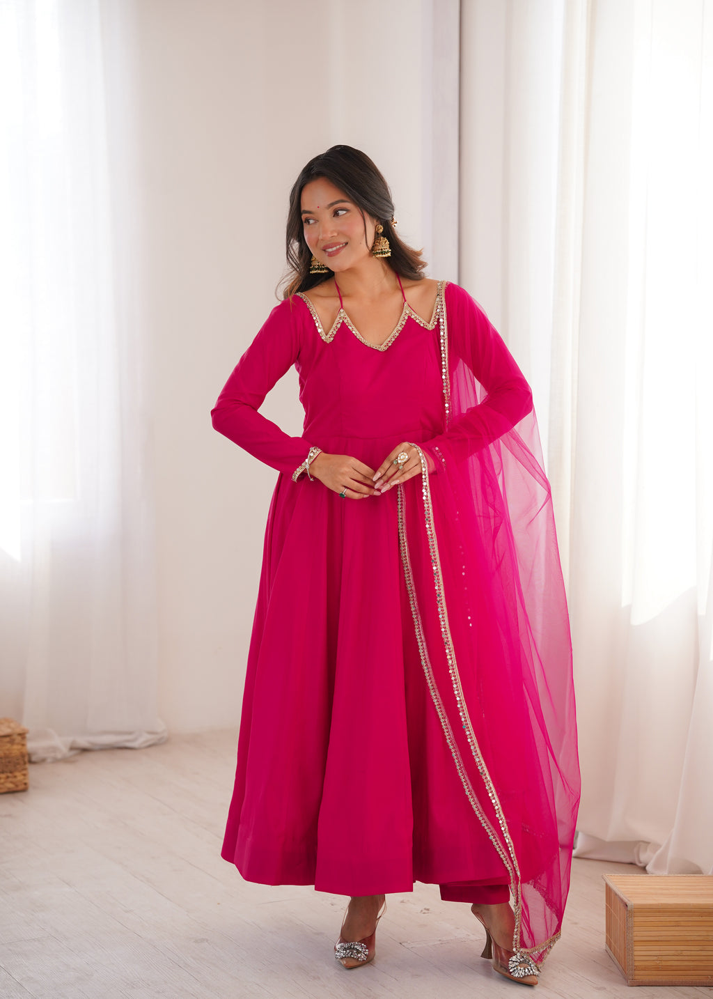 RomanSilk Chanderi Flared Anarkali Gown with Mirror Lace Dupatta & Pant Set