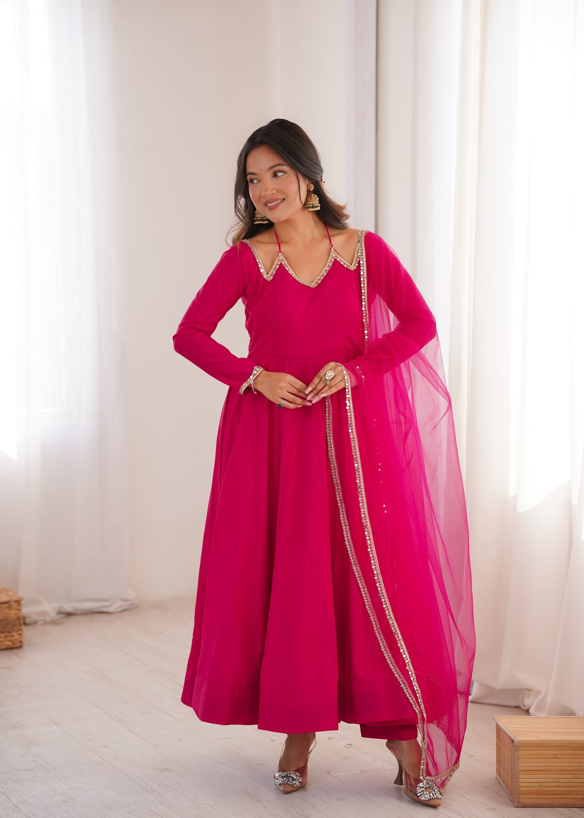 RomanSilk Chanderi Flared Anarkali Gown with Mirror Lace Dupatta & Pant Set