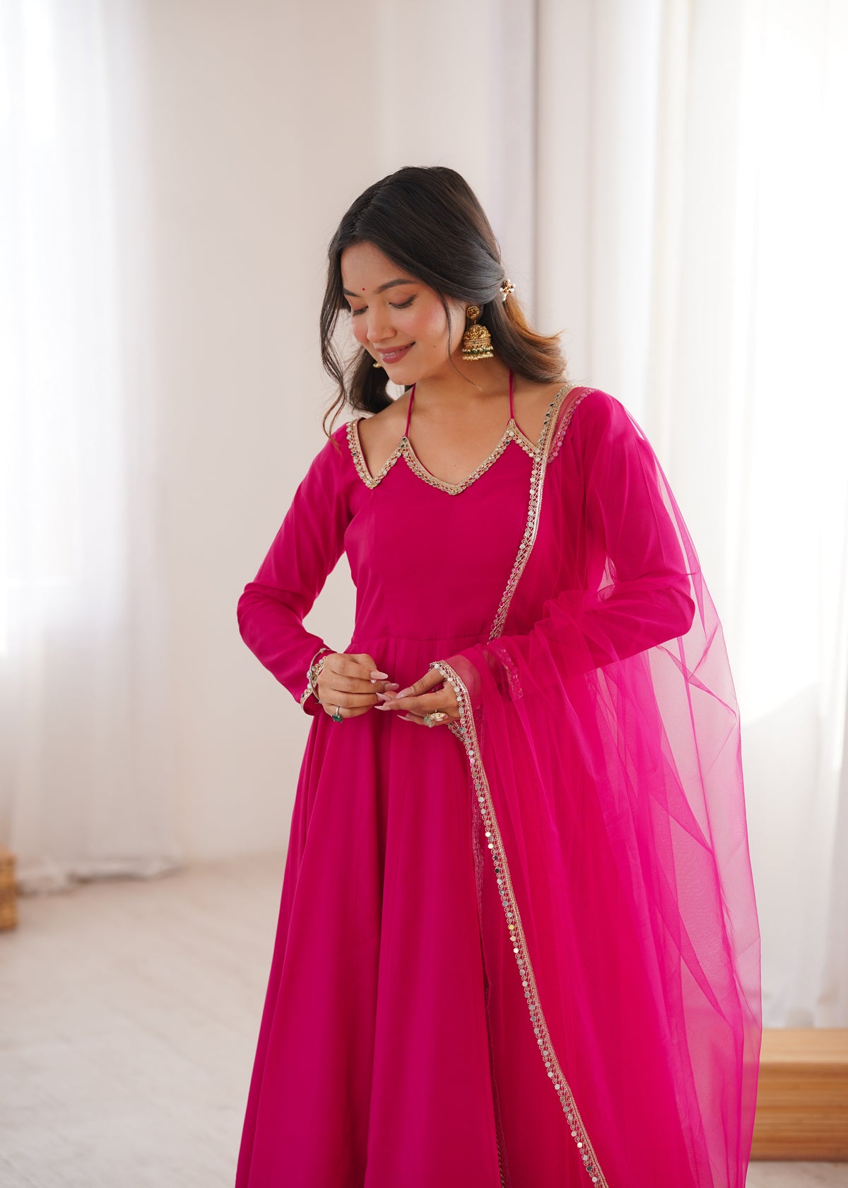 RomanSilk Chanderi Flared Anarkali Gown with Mirror Lace Dupatta & Pant Set