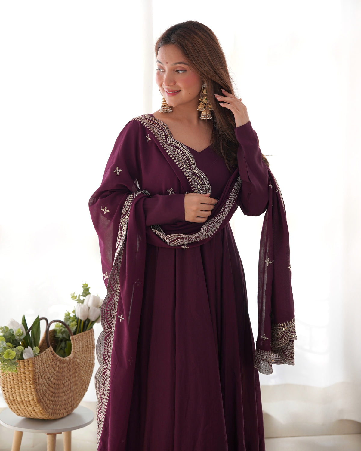 Romansilk Chanderi 16-Kali Anarkali Gown with Sequin Cutwork Dupatta & Stitched Pant