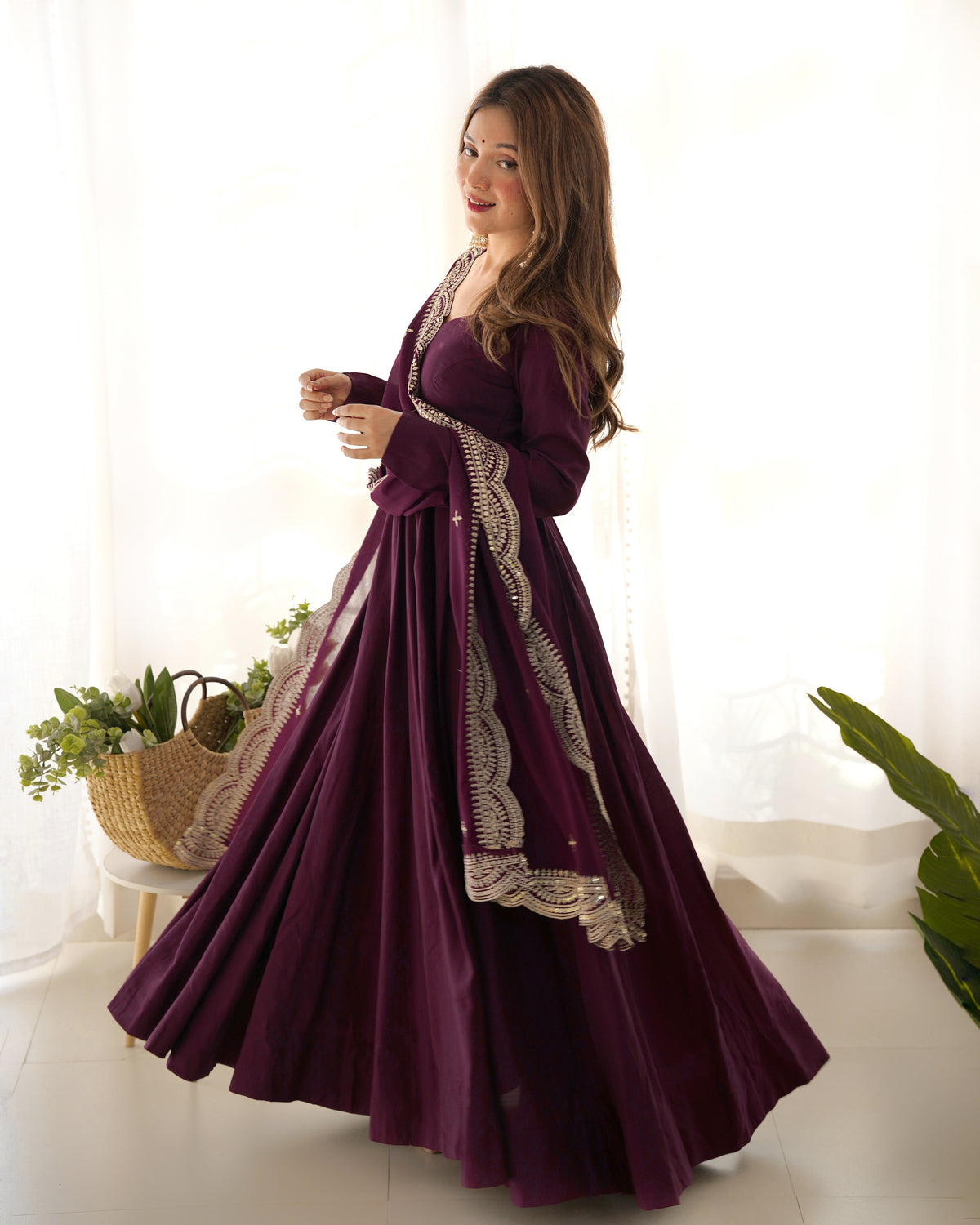 Romansilk Chanderi 16-Kali Anarkali Gown with Sequin Cutwork Dupatta & Stitched Pant