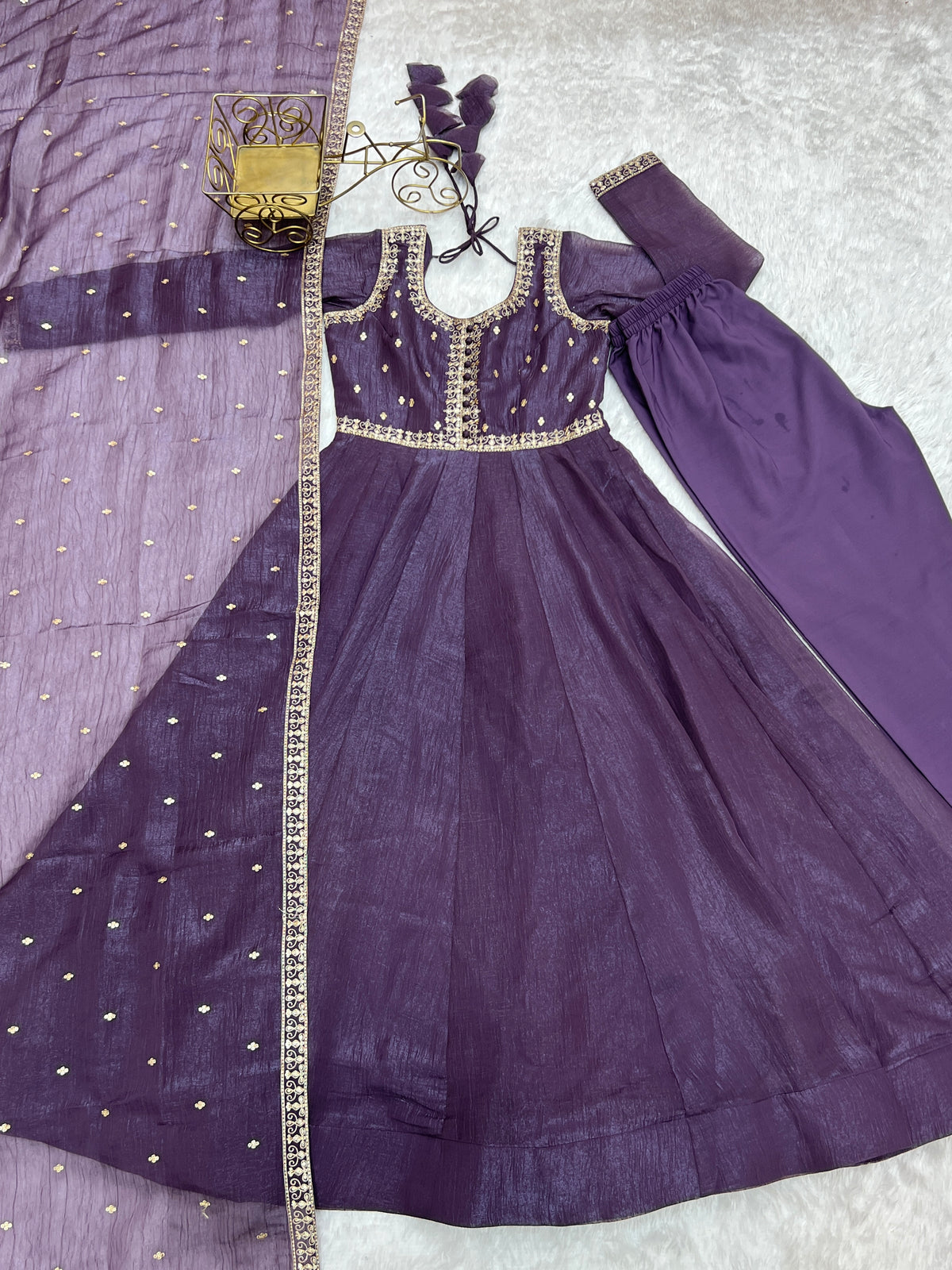 Crunchy Silk 4M Flair Anarkali Gown with Yoke Potli Work & Embroidered Dupatta