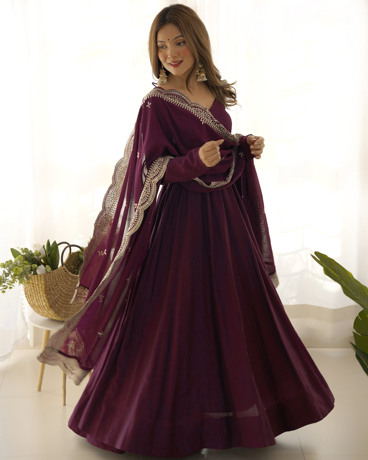 Romansilk Chanderi 16-Kali Anarkali Gown with Sequin Cutwork Dupatta & Stitched Pant
