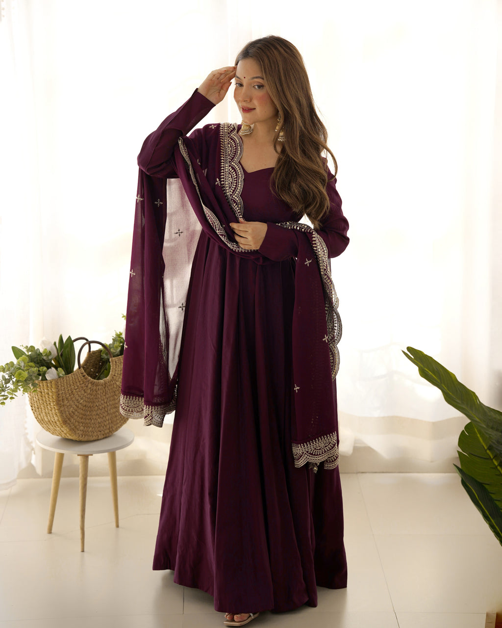 Romansilk Chanderi 16-Kali Anarkali Gown with Sequin Cutwork Dupatta & Stitched Pant