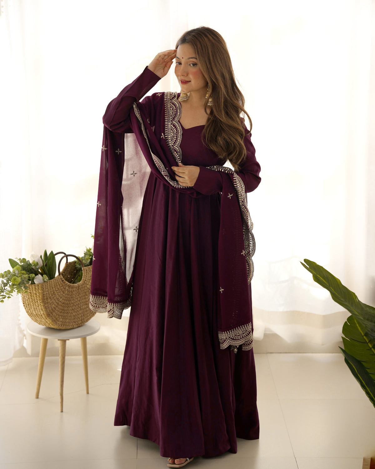 Romansilk Chanderi 16-Kali Anarkali Gown with Sequin Cutwork Dupatta & Stitched Pant