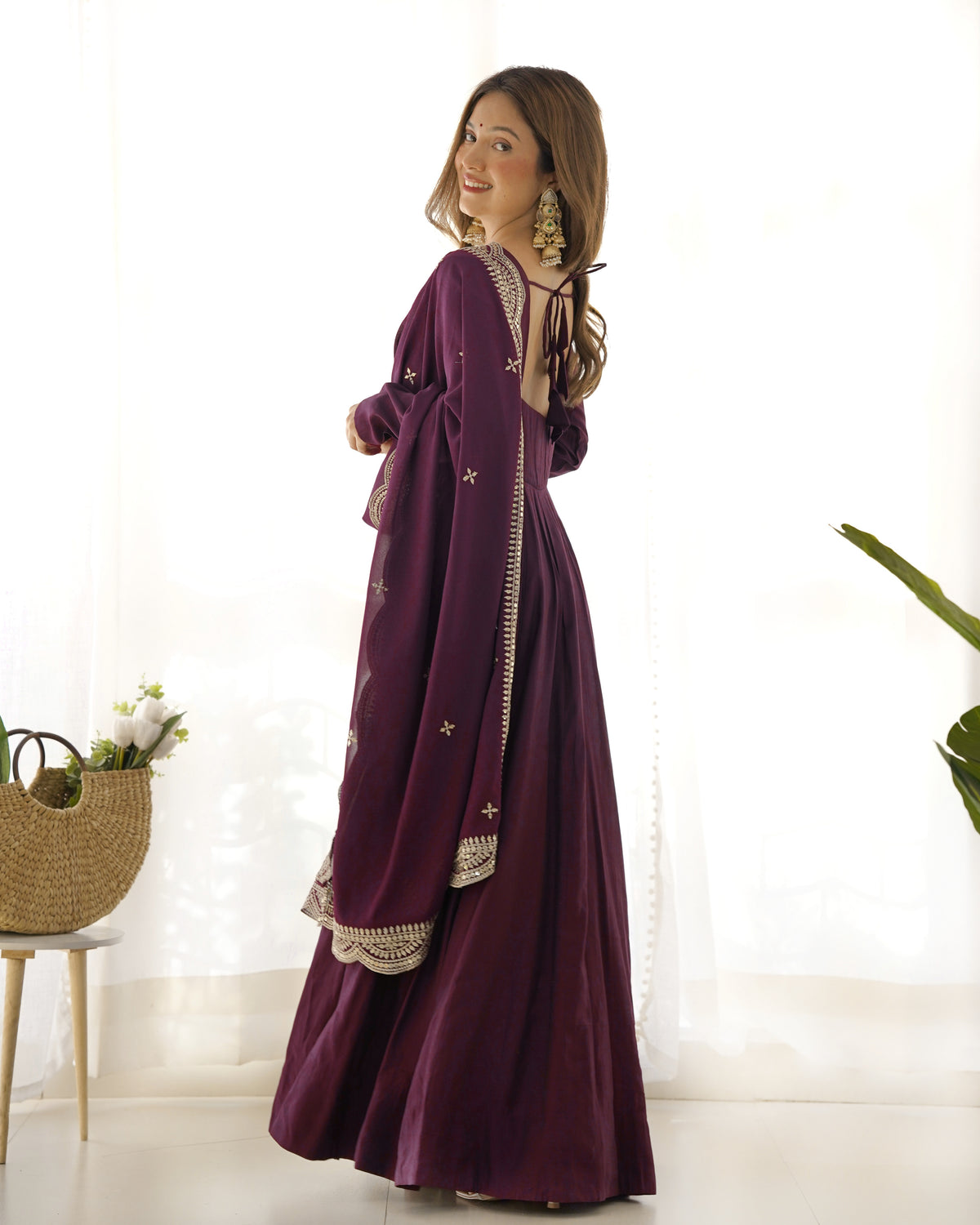 Romansilk Chanderi 16-Kali Anarkali Gown with Sequin Cutwork Dupatta & Stitched Pant