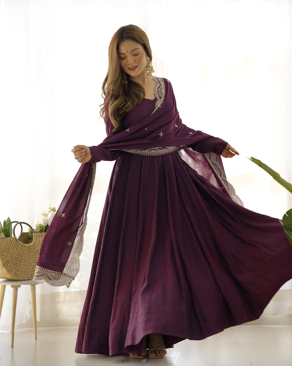 Romansilk Chanderi 16-Kali Anarkali Gown with Sequin Cutwork Dupatta & Stitched Pant