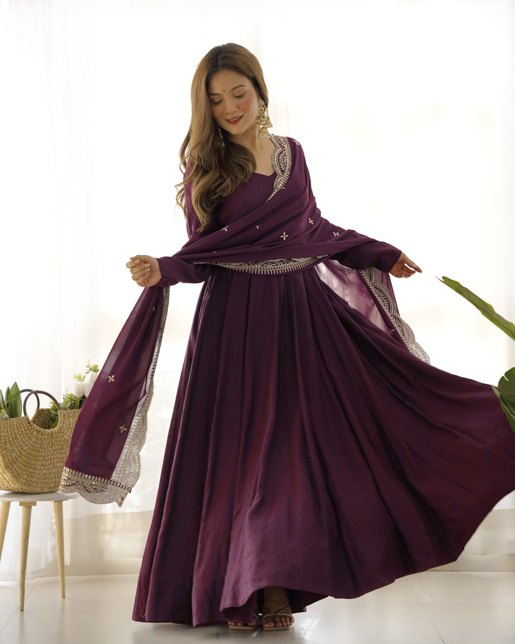Romansilk Chanderi 16-Kali Anarkali Gown with Sequin Cutwork Dupatta & Stitched Pant
