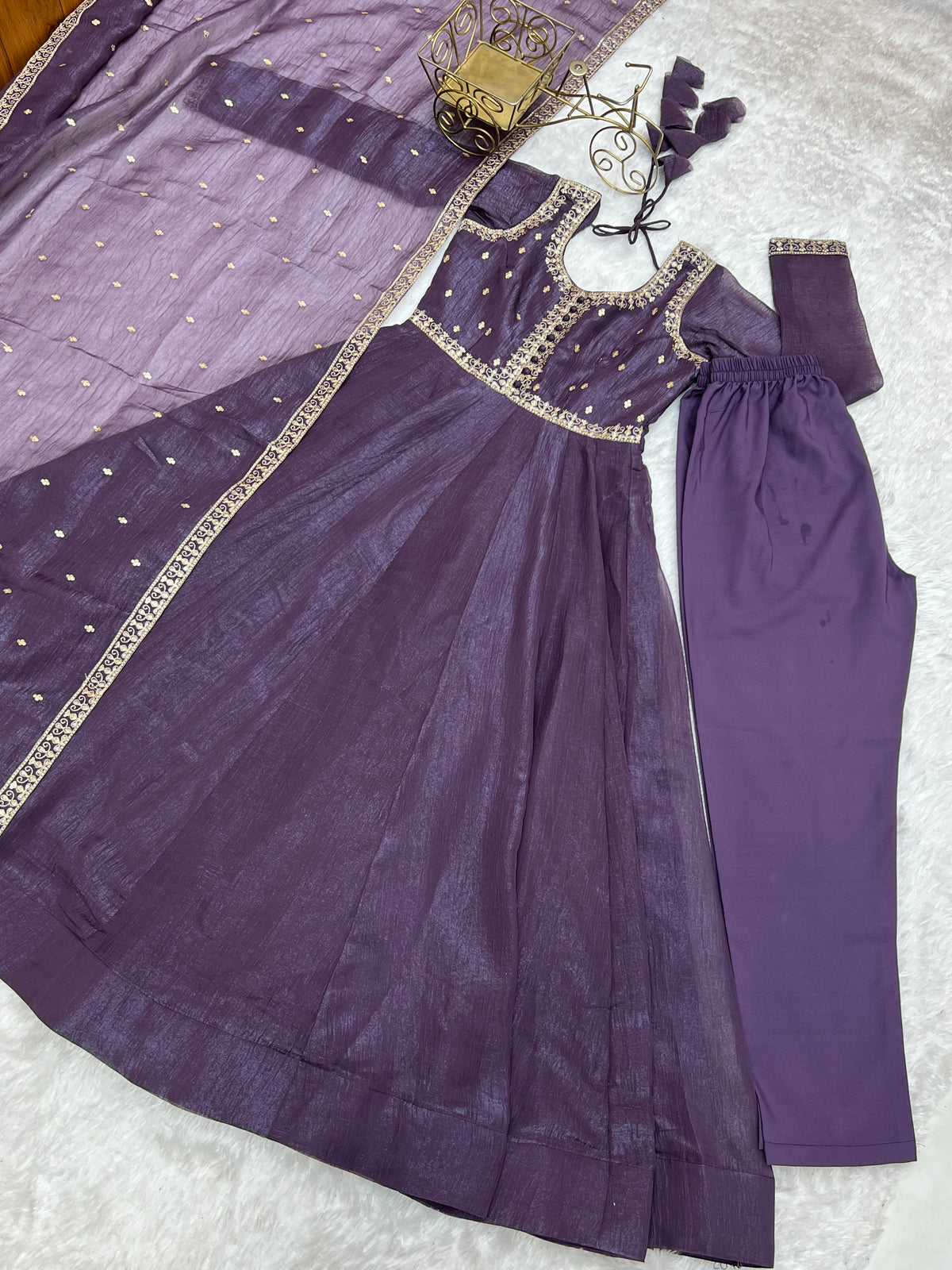Crunchy Silk 4M Flair Anarkali Gown with Yoke Potli Work & Embroidered Dupatta