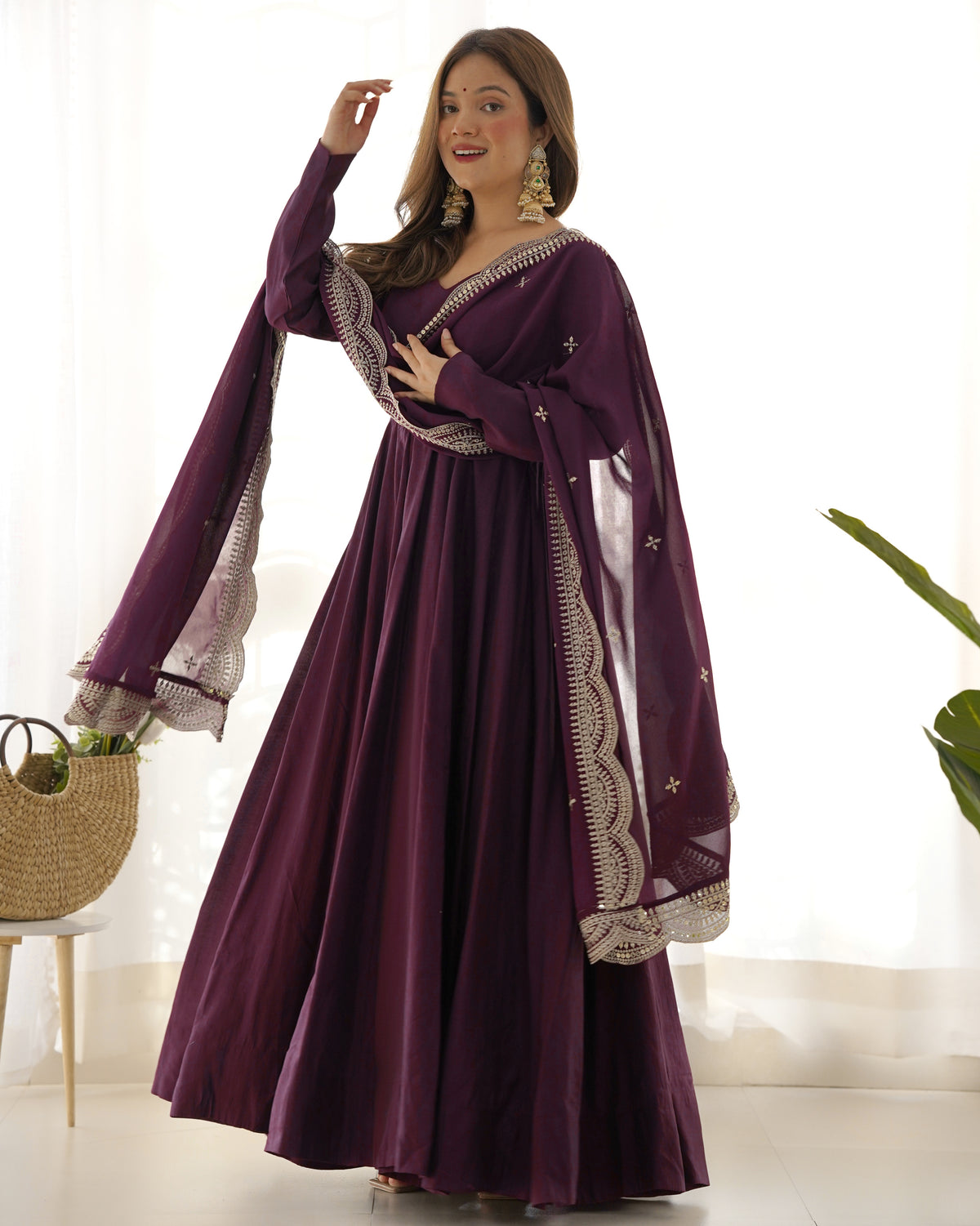 Romansilk Chanderi 16-Kali Anarkali Gown with Sequin Cutwork Dupatta & Stitched Pant