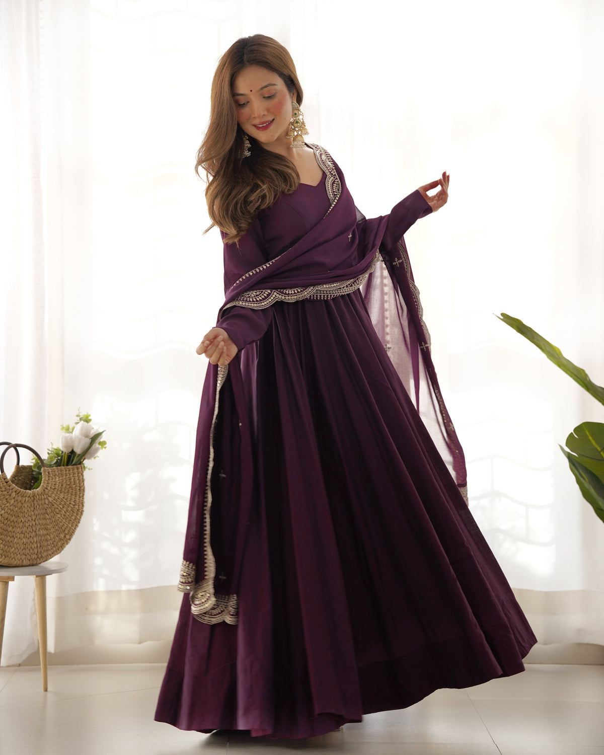 Romansilk Chanderi 16-Kali Anarkali Gown with Sequin Cutwork Dupatta & Stitched Pant