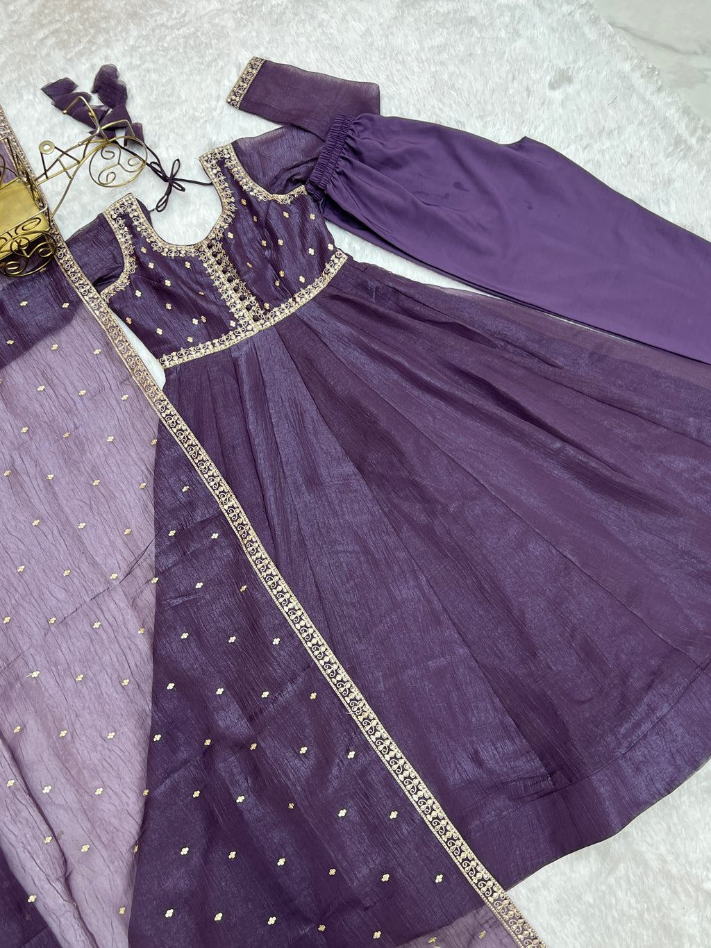 Crunchy Silk 4M Flair Anarkali Gown with Yoke Potli Work & Embroidered Dupatta