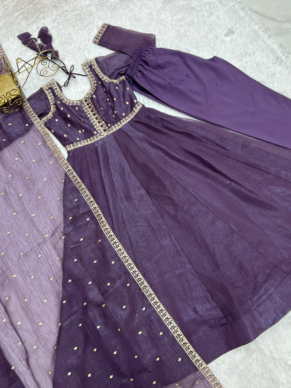 Crunchy Silk 4M Flair Anarkali Gown with Yoke Potli Work & Embroidered Dupatta