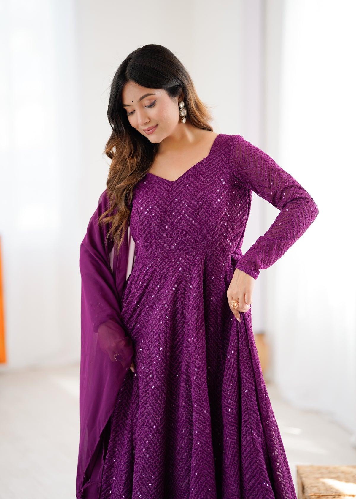 Lucknowi Faux Georgette Anarkali Suit with 4M Kali Flair, Sequin Work & Ruffle Dupatta