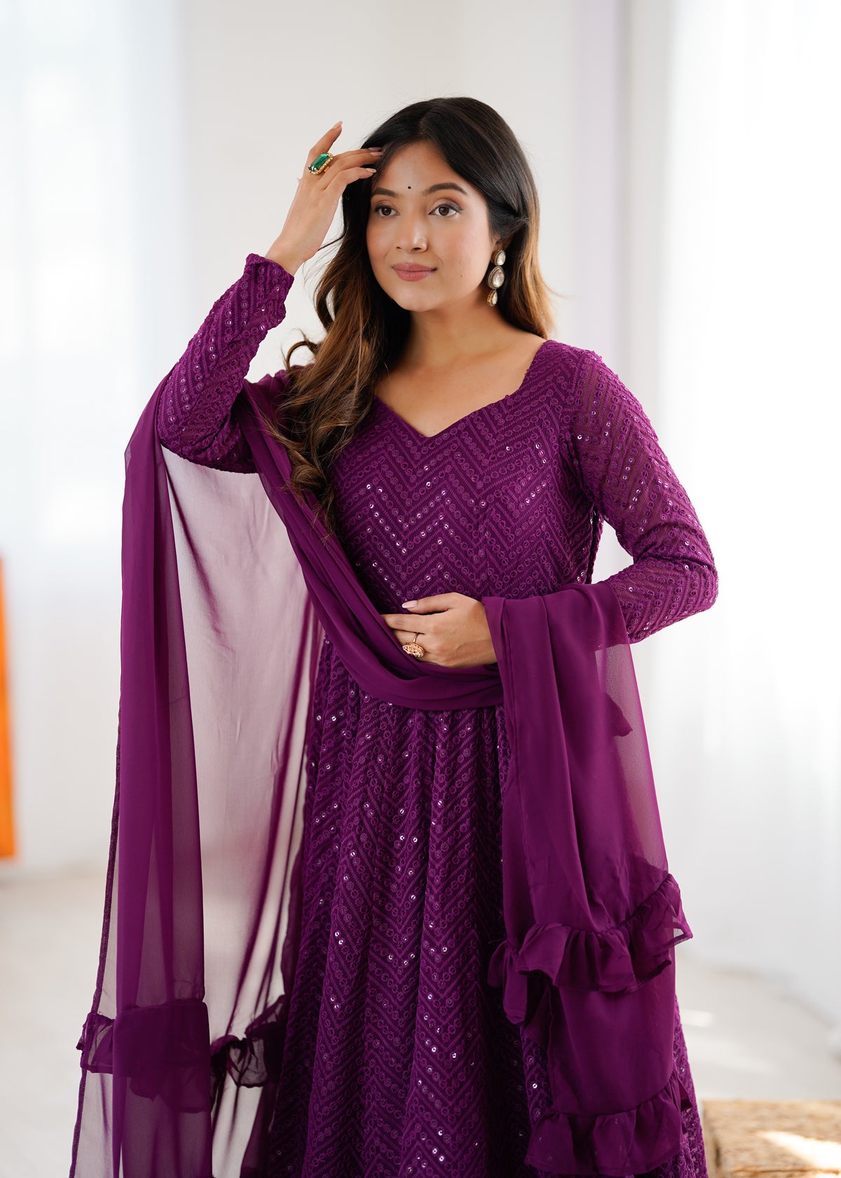 Lucknowi Faux Georgette Anarkali Suit with 4M Kali Flair, Sequin Work & Ruffle Dupatta