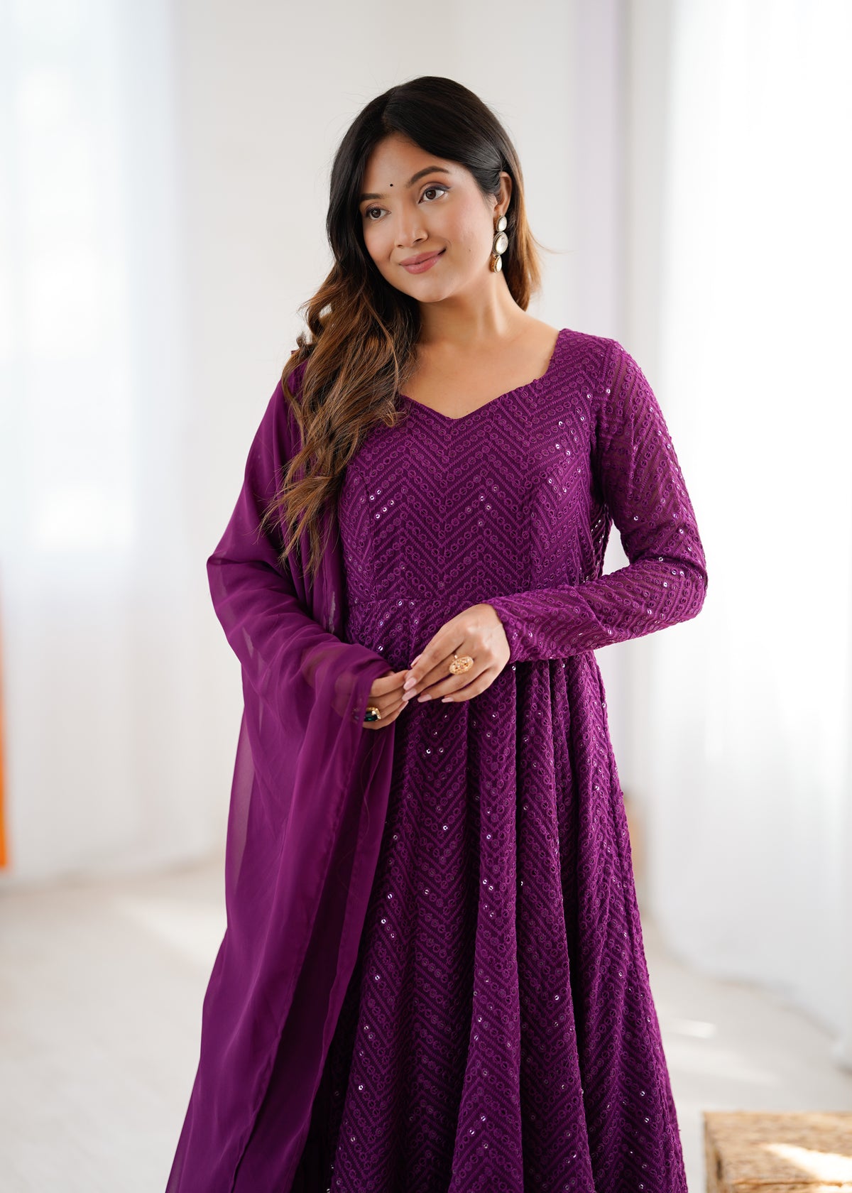 Lucknowi Faux Georgette Anarkali Suit with 4M Kali Flair, Sequin Work & Ruffle Dupatta