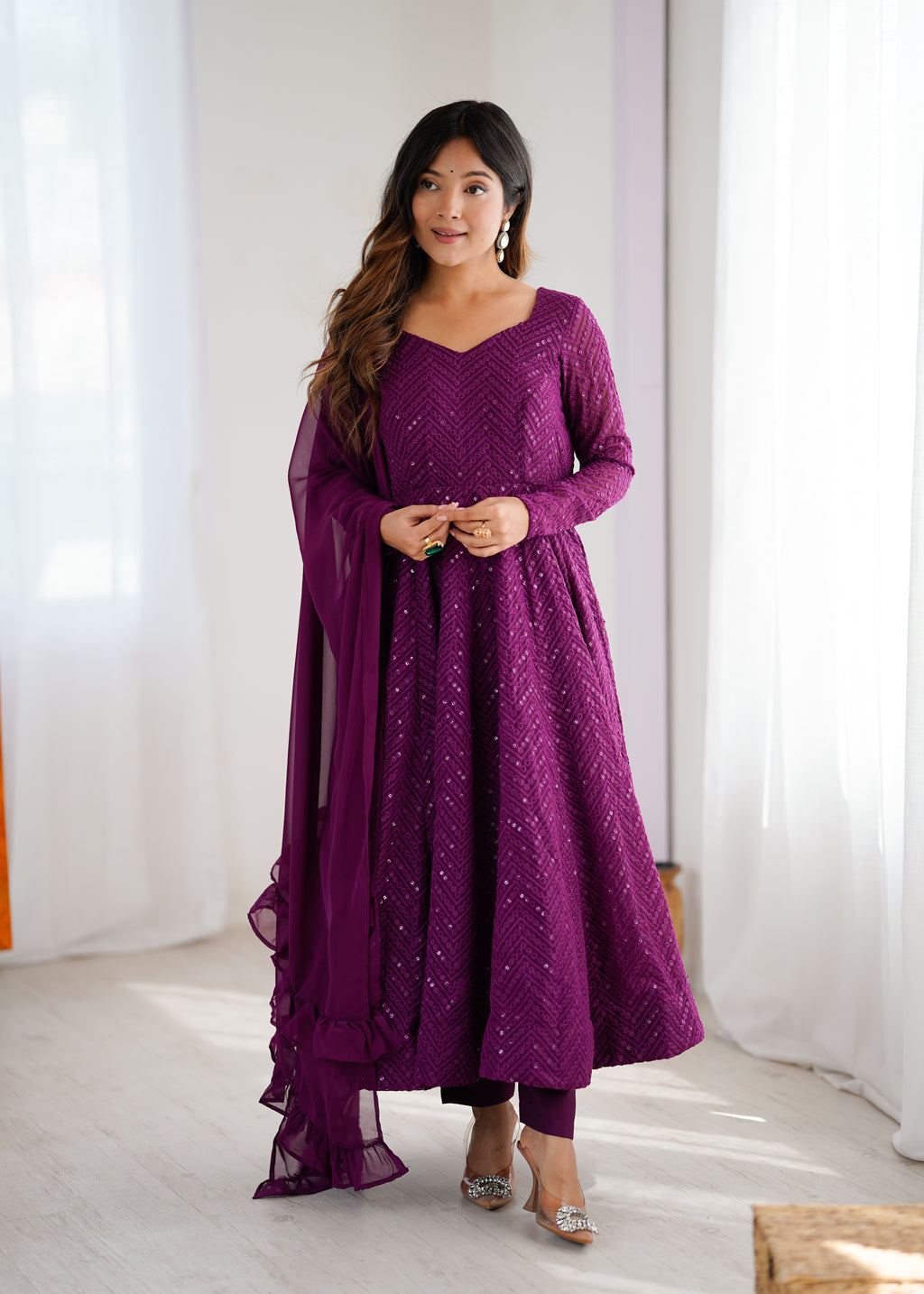 Lucknowi Faux Georgette Anarkali Suit with 4M Kali Flair, Sequin Work & Ruffle Dupatta