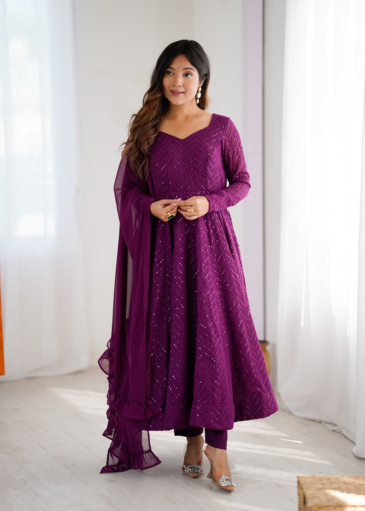 Lucknowi Faux Georgette Anarkali Suit with 4M Kali Flair, Sequin Work & Ruffle Dupatta