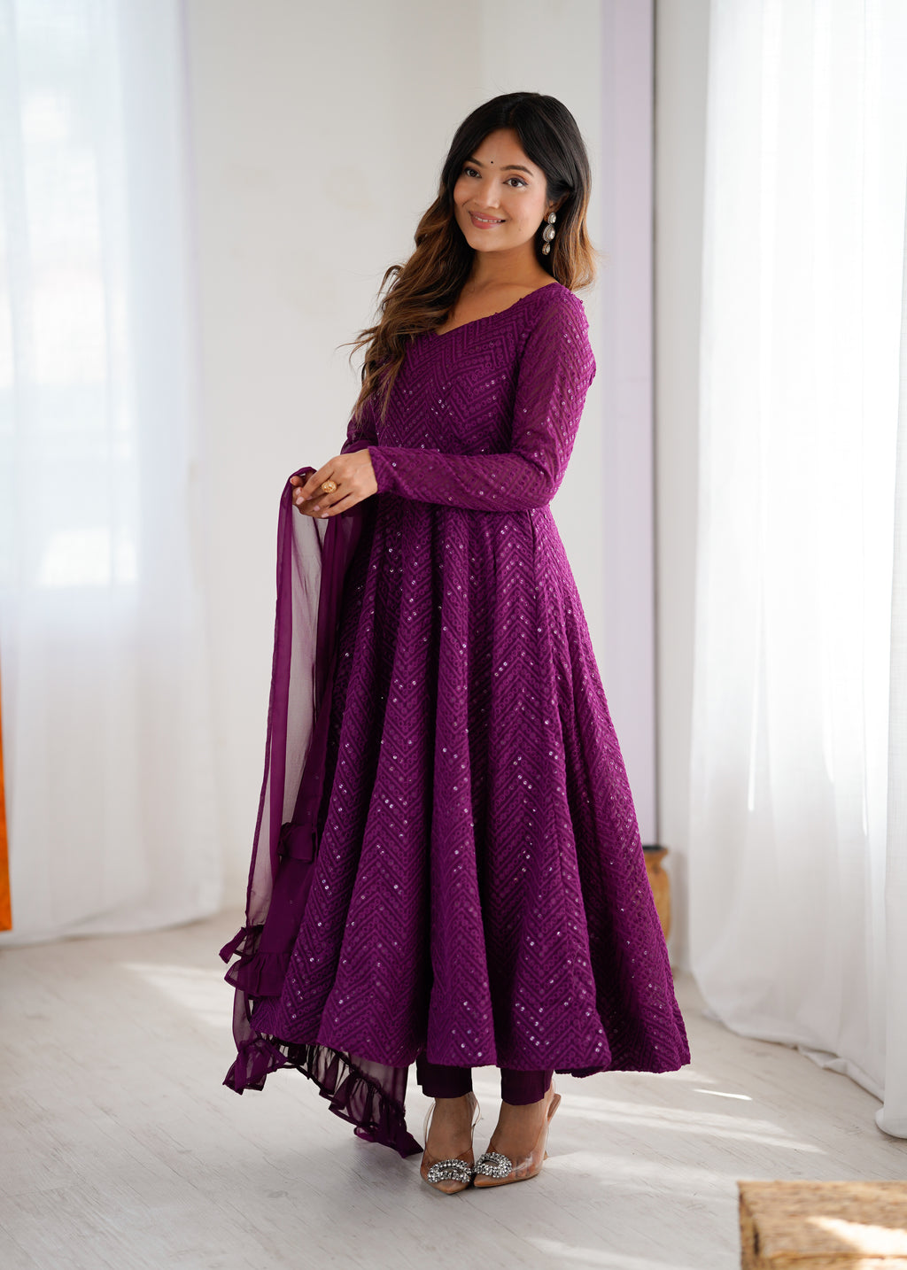 Lucknowi Faux Georgette Anarkali Suit with 4M Kali Flair, Sequin Work & Ruffle Dupatta
