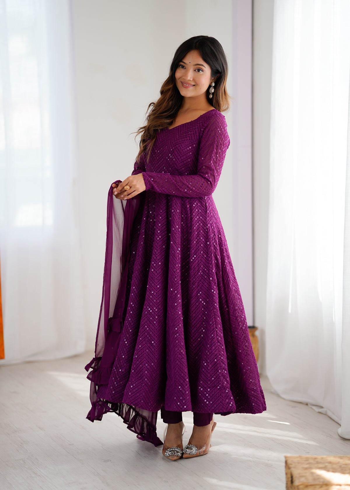 Lucknowi Faux Georgette Anarkali Suit with 4M Kali Flair, Sequin Work & Ruffle Dupatta