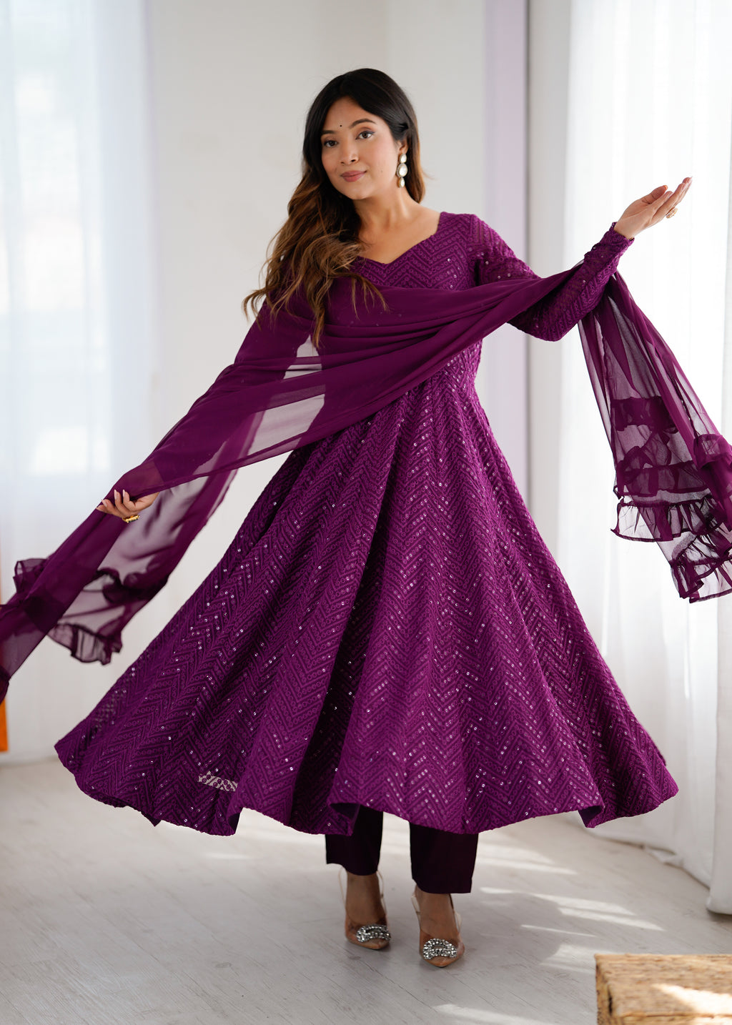 Lucknowi Faux Georgette Anarkali Suit with 4M Kali Flair, Sequin Work & Ruffle Dupatta