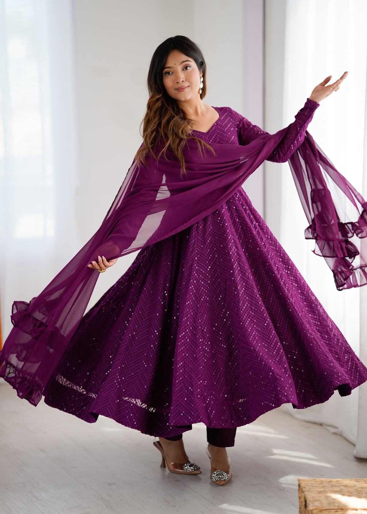 Lucknowi Faux Georgette Anarkali Suit with 4M Kali Flair, Sequin Work & Ruffle Dupatta