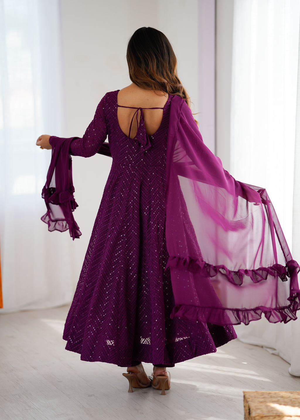 Lucknowi Faux Georgette Anarkali Suit with 4M Kali Flair, Sequin Work & Ruffle Dupatta