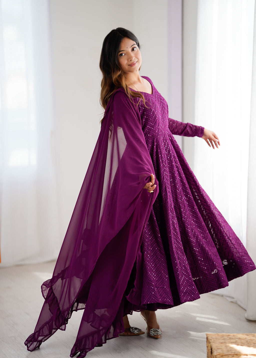 Lucknowi Faux Georgette Anarkali Suit with 4M Kali Flair, Sequin Work & Ruffle Dupatta