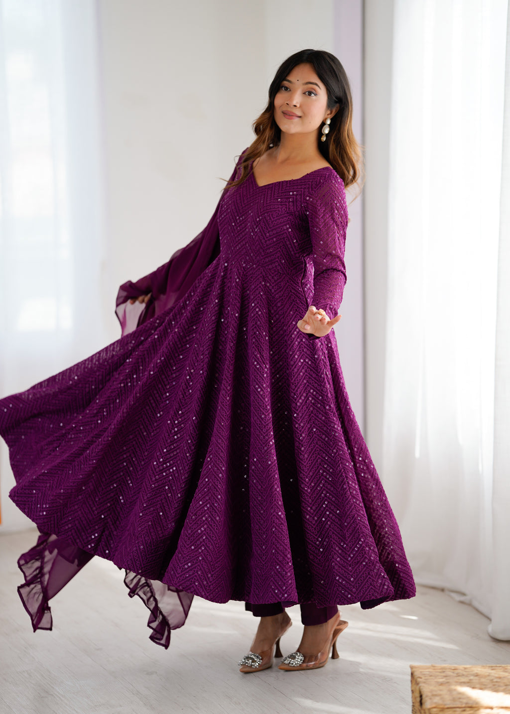 Lucknowi Faux Georgette Anarkali Suit with 4M Kali Flair, Sequin Work & Ruffle Dupatta