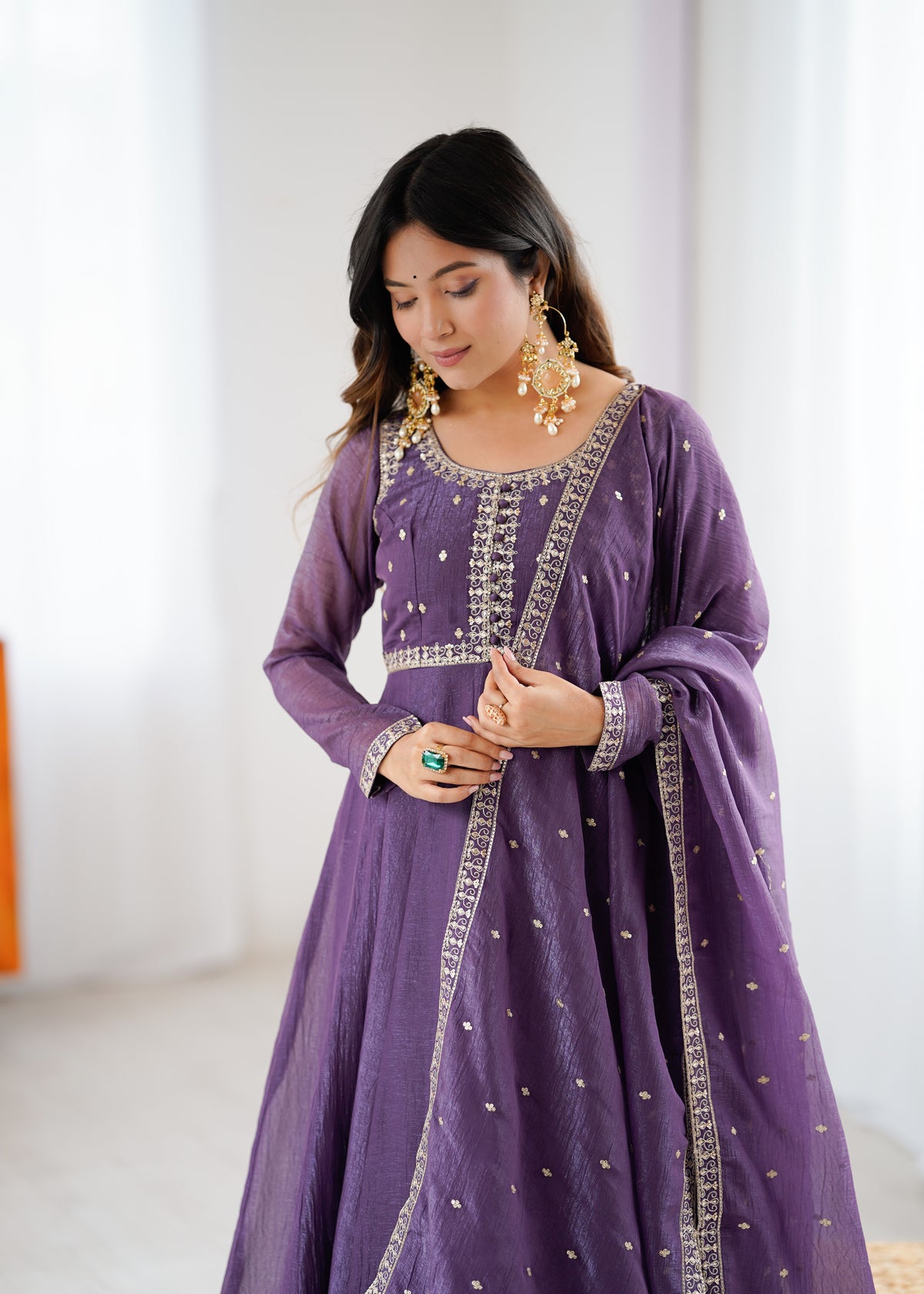 Crunchy Silk 4M Flair Anarkali Gown with Yoke Potli Work & Embroidered Dupatta