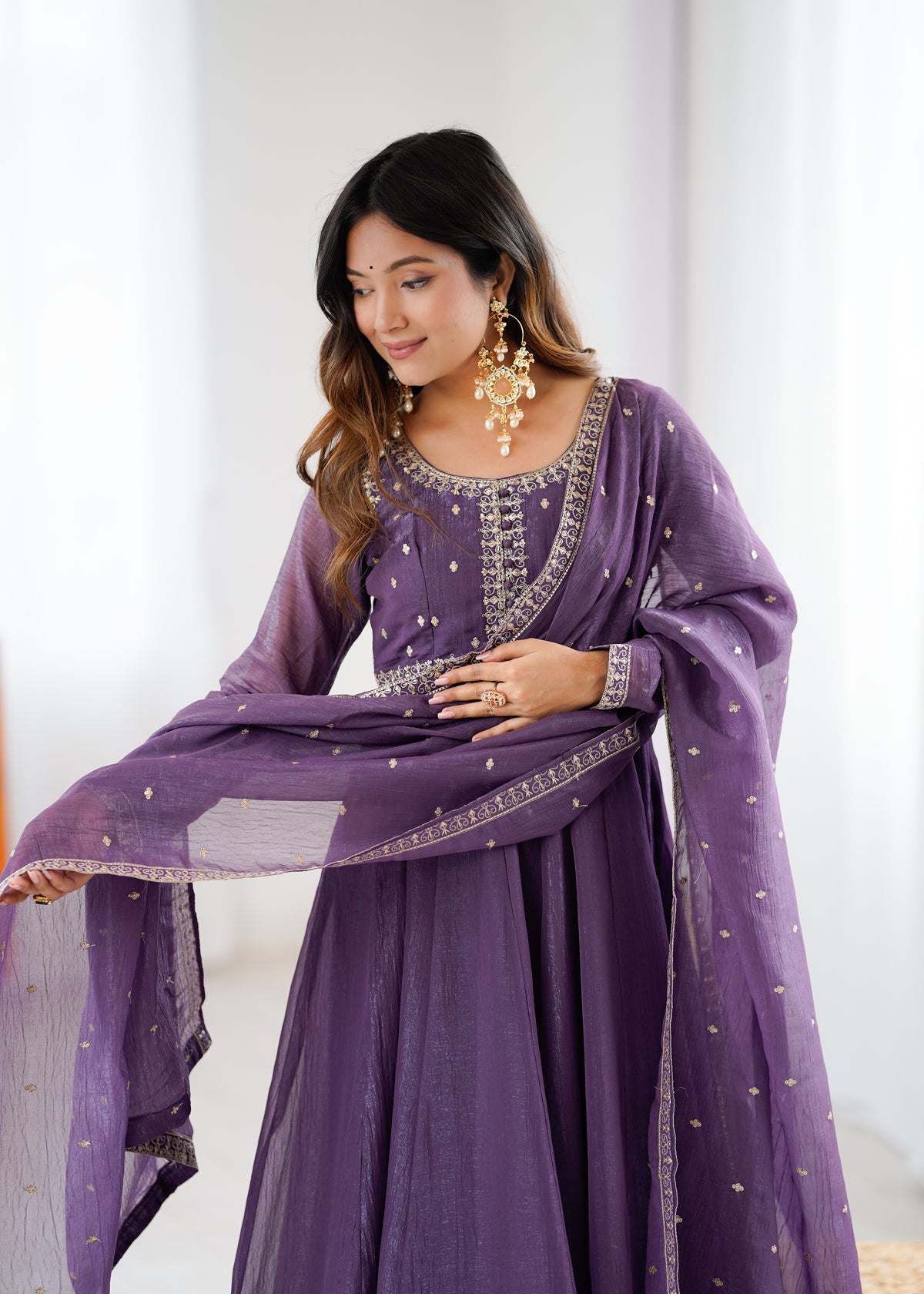 Crunchy Silk 4M Flair Anarkali Gown with Yoke Potli Work & Embroidered Dupatta