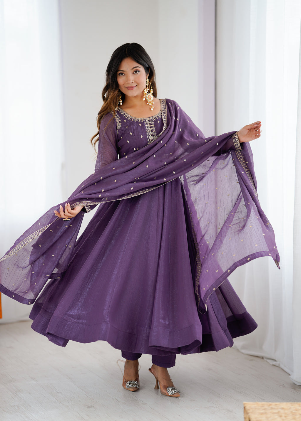 Crunchy Silk 4M Flair Anarkali Gown with Yoke Potli Work & Embroidered Dupatta