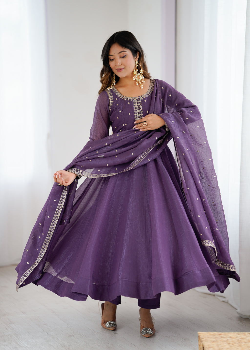Crunchy Silk 4M Flair Anarkali Gown with Yoke Potli Work & Embroidered Dupatta
