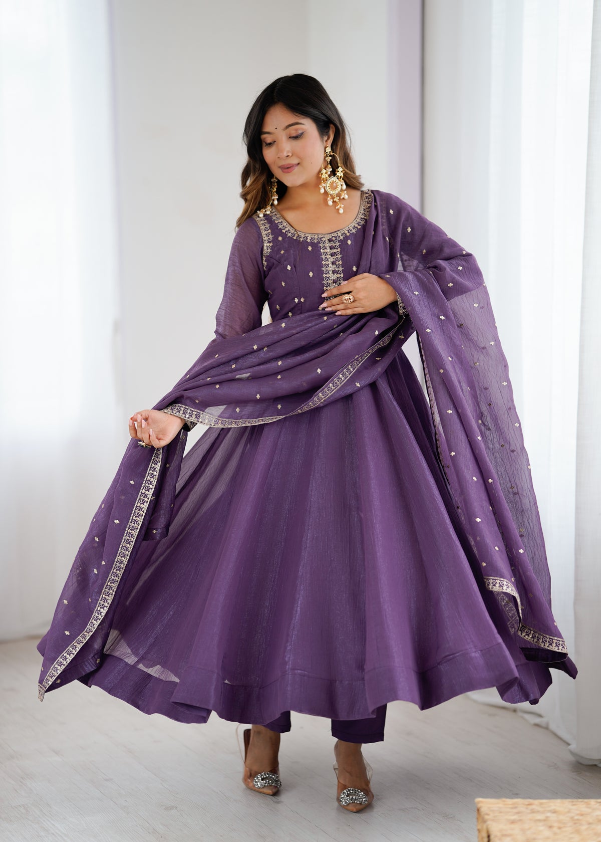 Crunchy Silk 4M Flair Anarkali Gown with Yoke Potli Work & Embroidered Dupatta