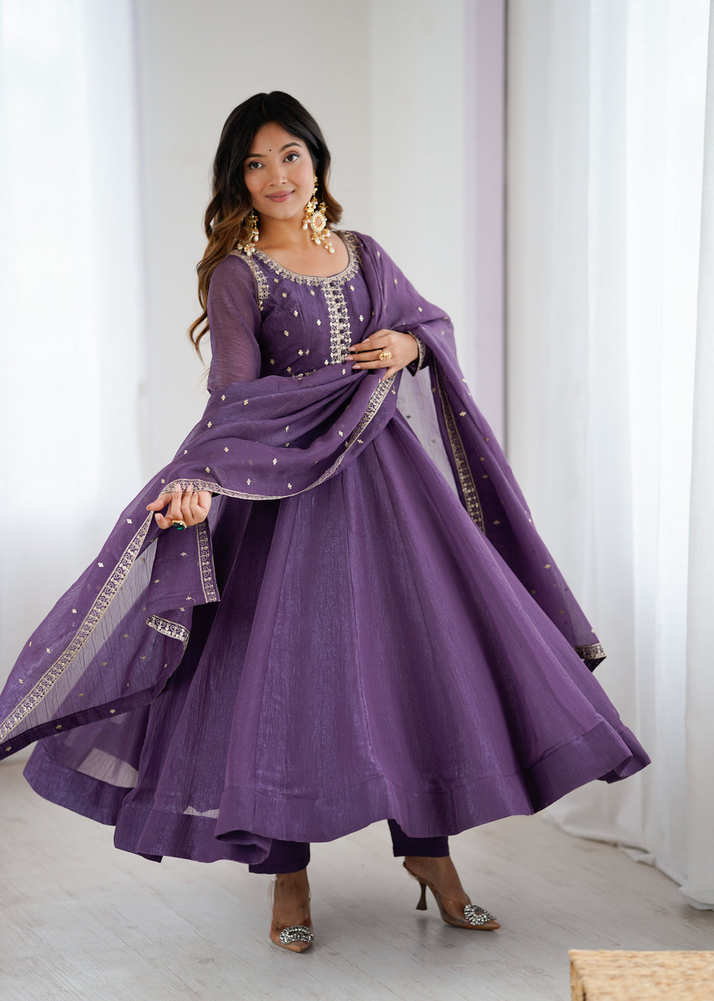 Crunchy Silk 4M Flair Anarkali Gown with Yoke Potli Work & Embroidered Dupatta
