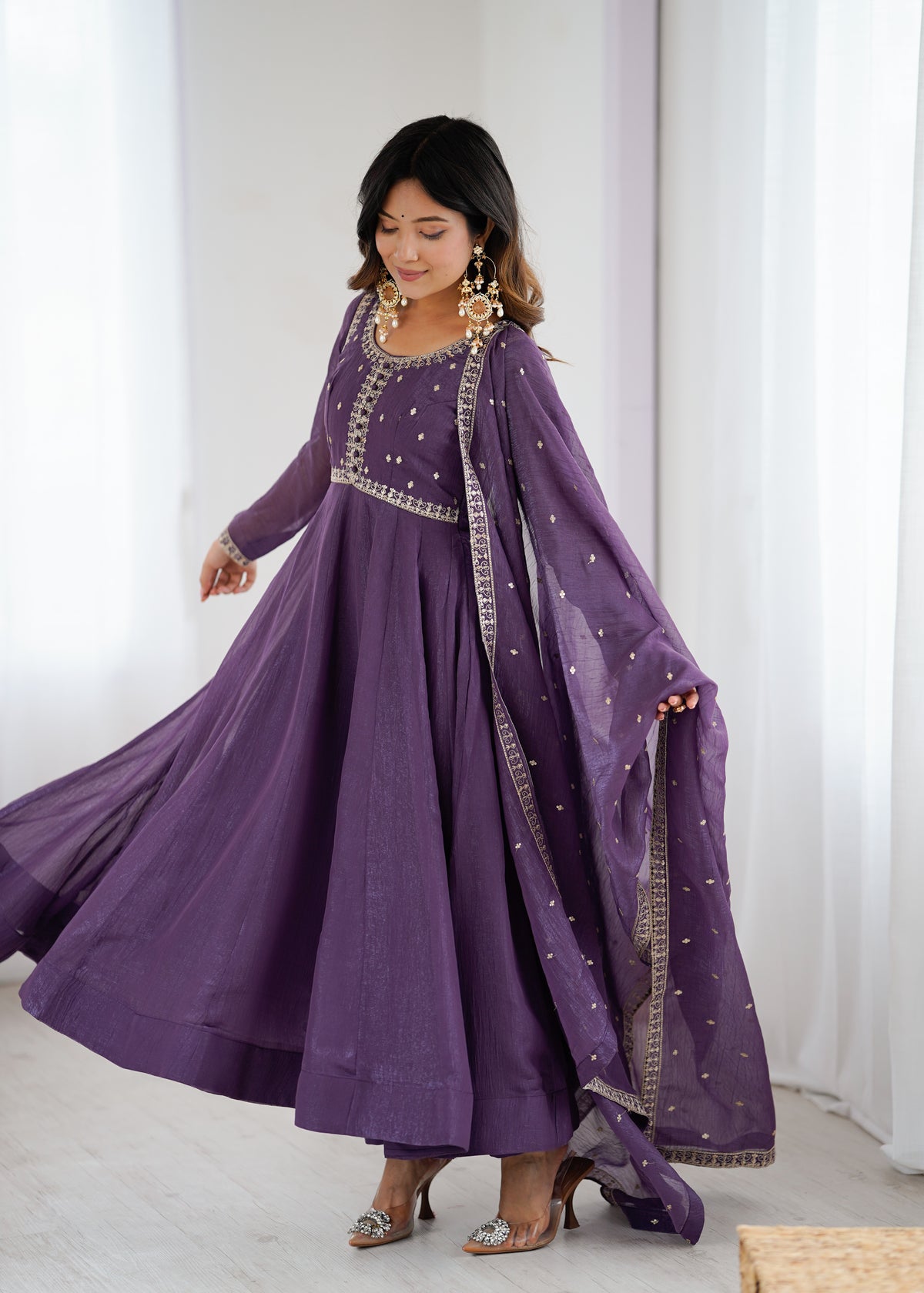 Crunchy Silk 4M Flair Anarkali Gown with Yoke Potli Work & Embroidered Dupatta