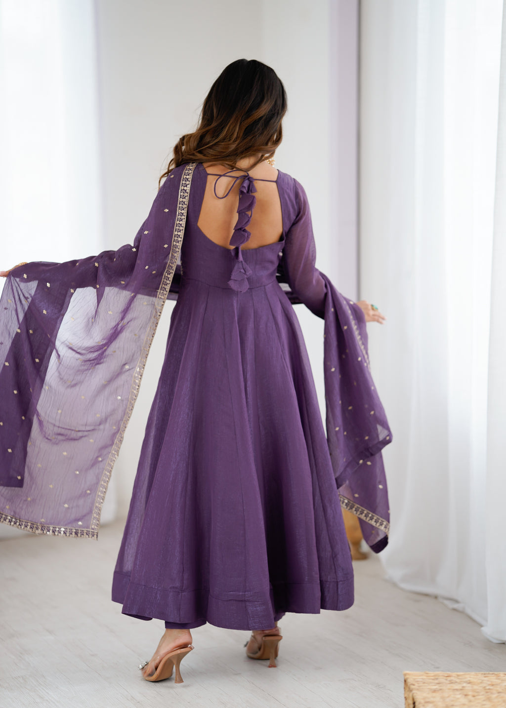 Crunchy Silk 4M Flair Anarkali Gown with Yoke Potli Work & Embroidered Dupatta