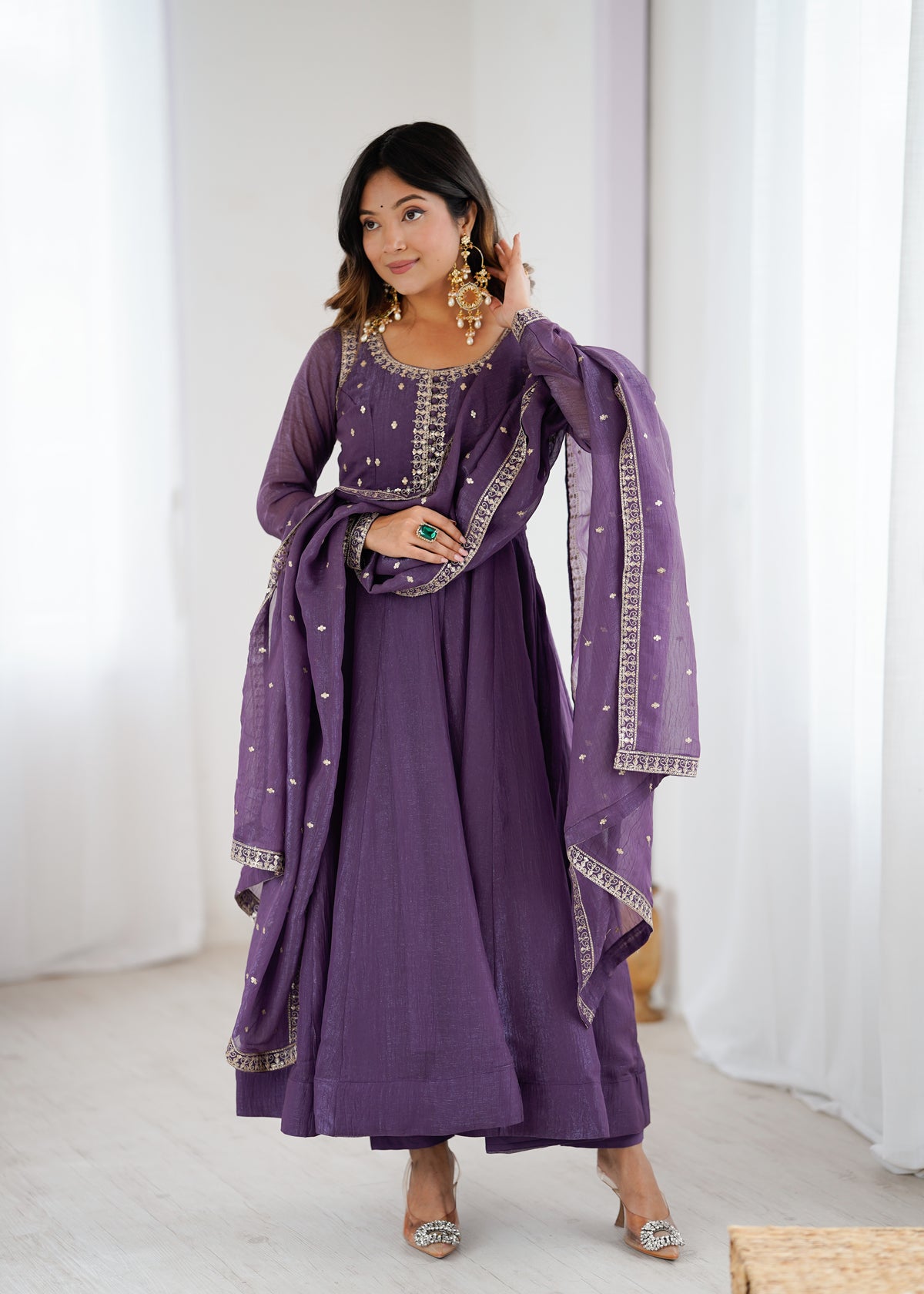 Crunchy Silk 4M Flair Anarkali Gown with Yoke Potli Work & Embroidered Dupatta