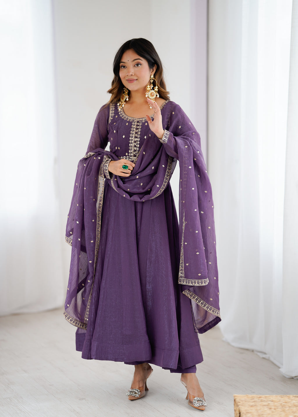 Crunchy Silk 4M Flair Anarkali Gown with Yoke Potli Work & Embroidered Dupatta