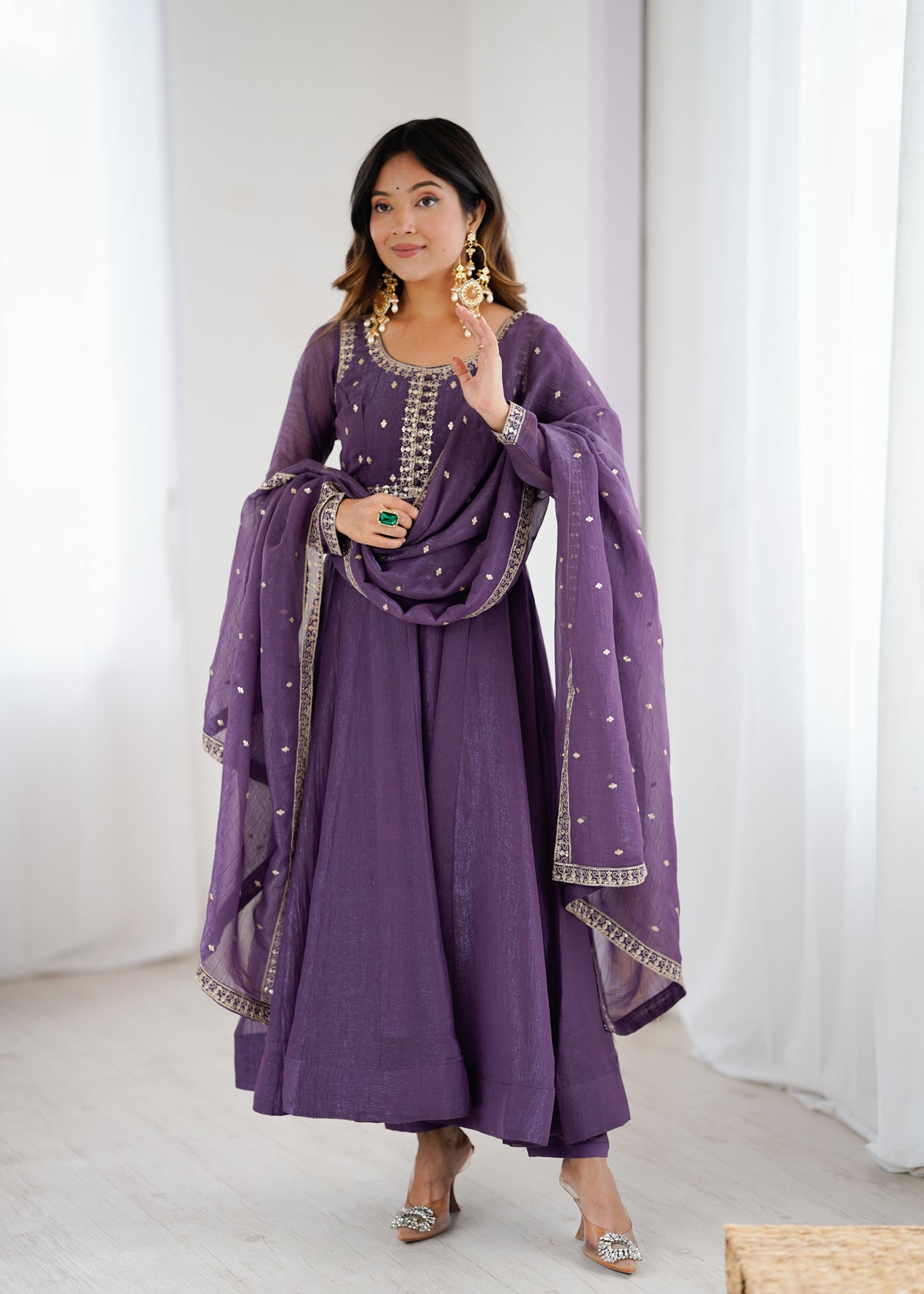 Crunchy Silk 4M Flair Anarkali Gown with Yoke Potli Work & Embroidered Dupatta