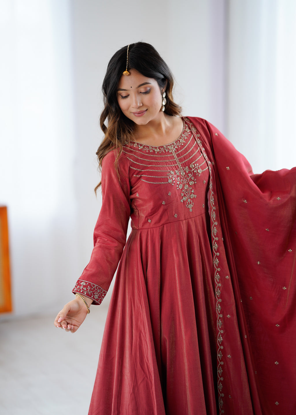 Maroon Roman Shimmer Chanderi Silk Embellished Anarkali Gown Set with Dupatta & Pant