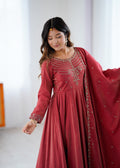 Maroon Roman Shimmer Chanderi Silk Embellished Anarkali Gown Set with Dupatta & Pant