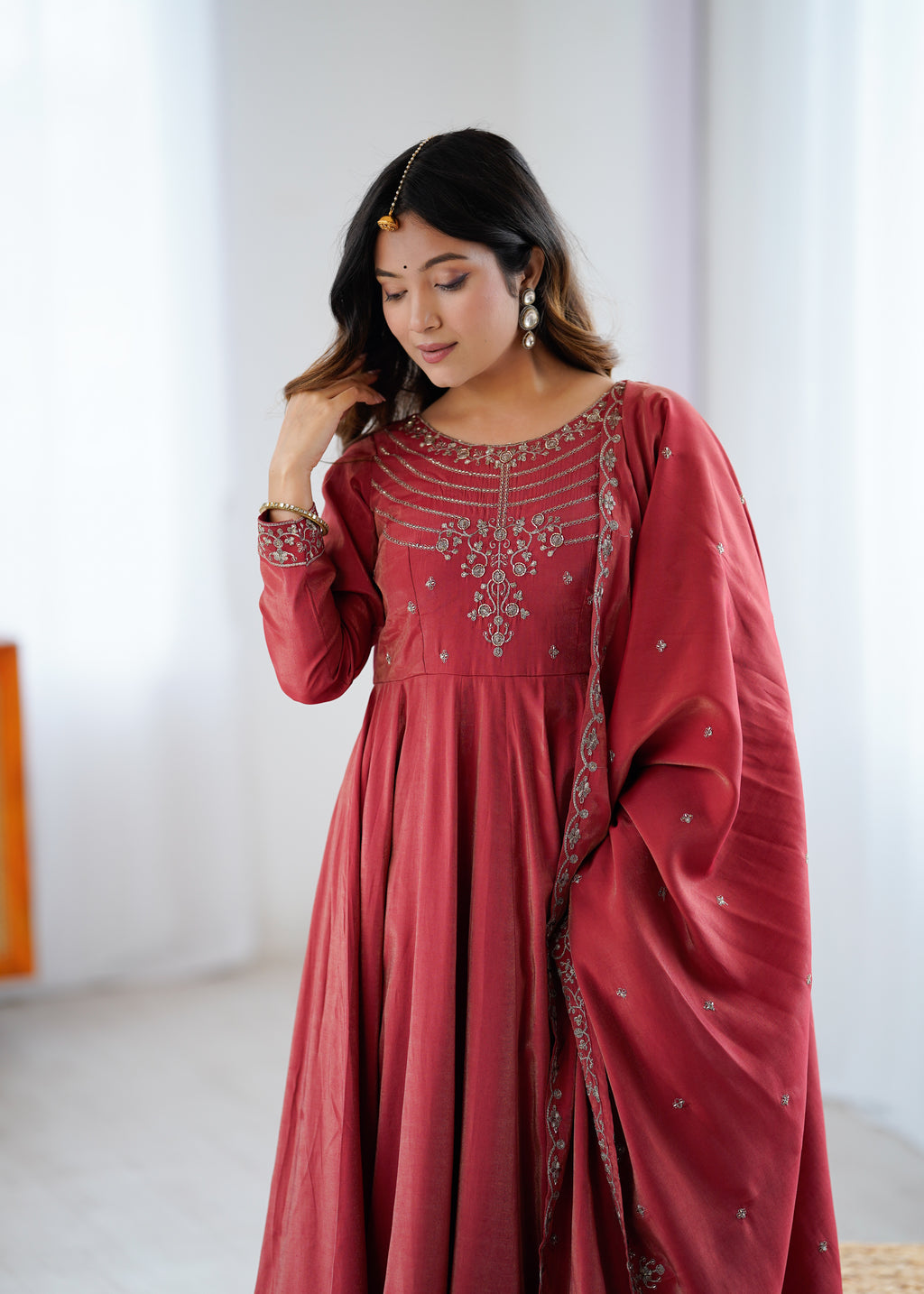Maroon Roman Shimmer Chanderi Silk Embellished Anarkali Gown Set with Dupatta & Pant