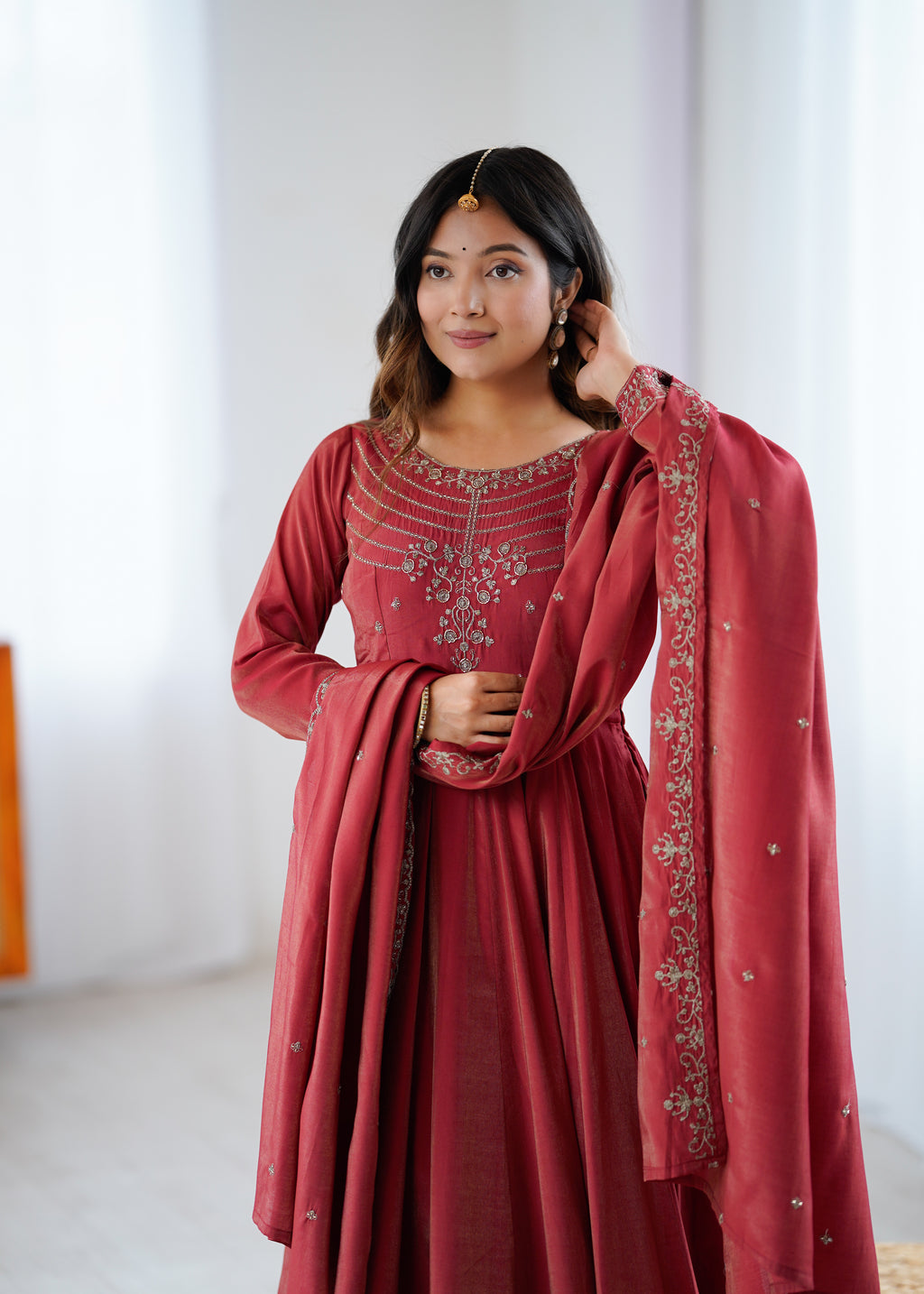 Maroon Roman Shimmer Chanderi Silk Embellished Anarkali Gown Set with Dupatta & Pant