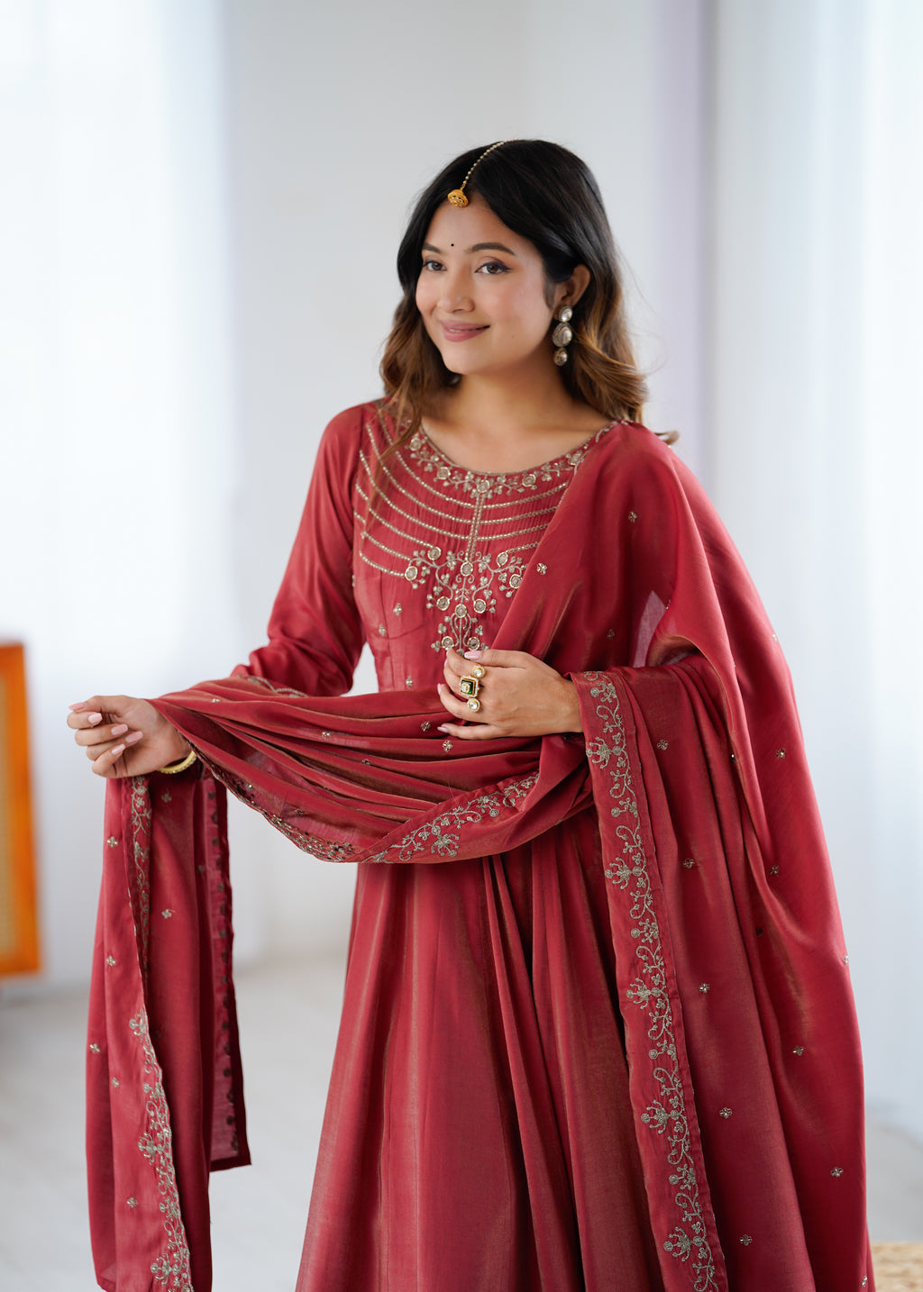 Maroon Roman Shimmer Chanderi Silk Embellished Anarkali Gown Set with Dupatta & Pant