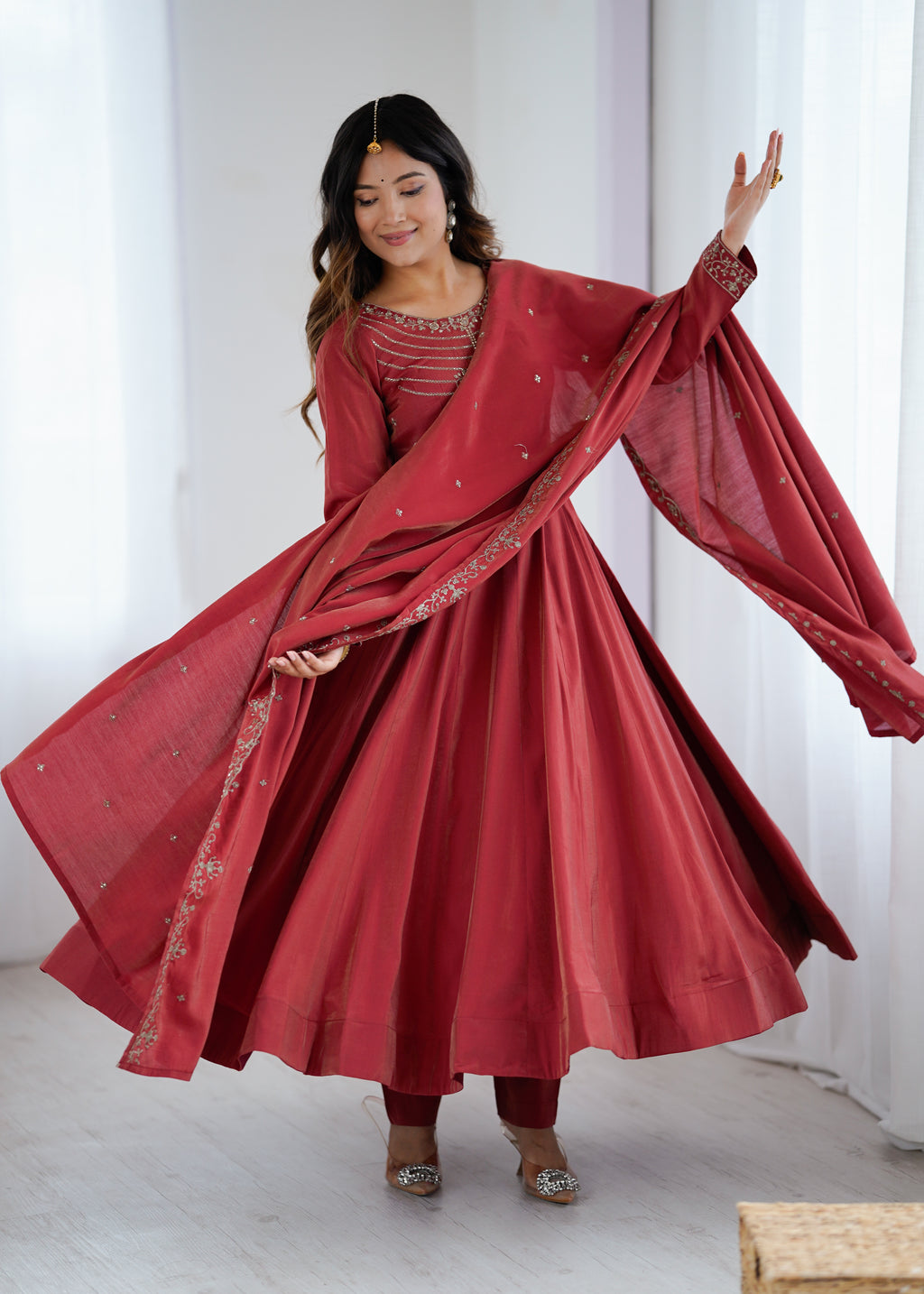 Maroon Roman Shimmer Chanderi Silk Embellished Anarkali Gown Set with Dupatta & Pant