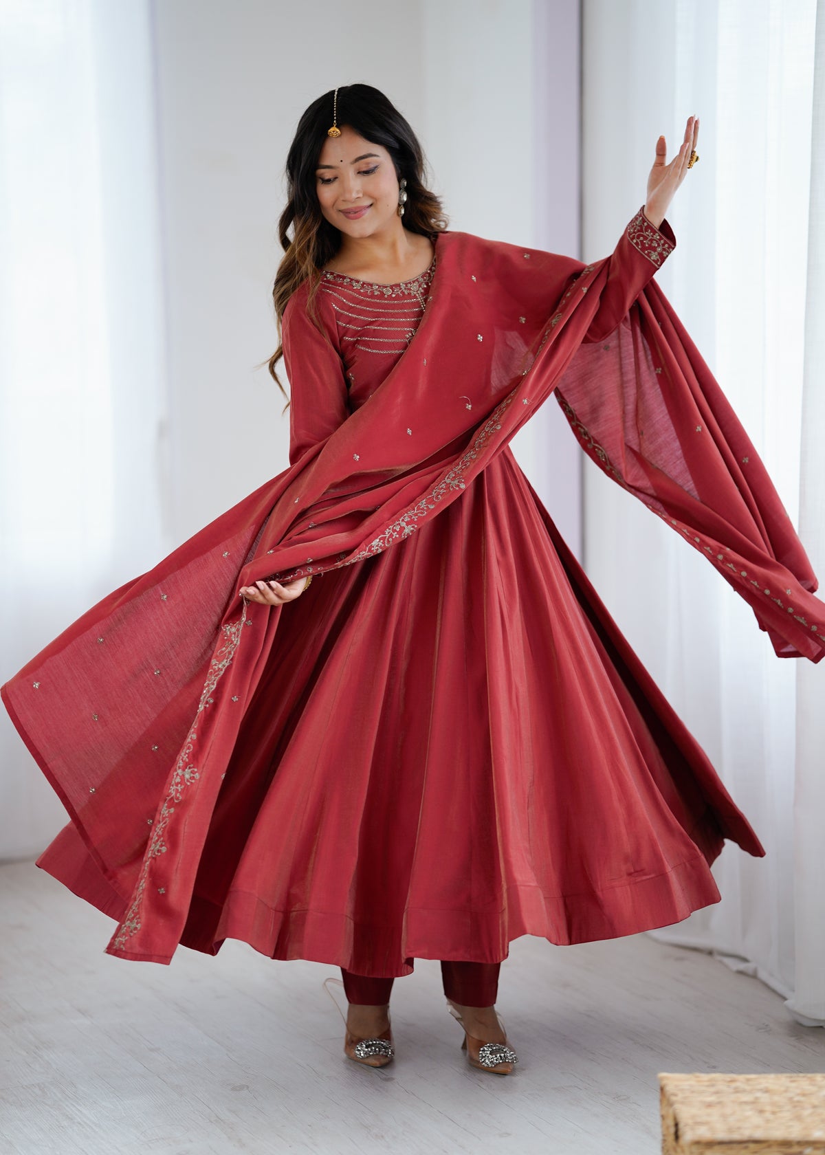 Maroon Roman Shimmer Chanderi Silk Embellished Anarkali Gown Set with Dupatta & Pant
