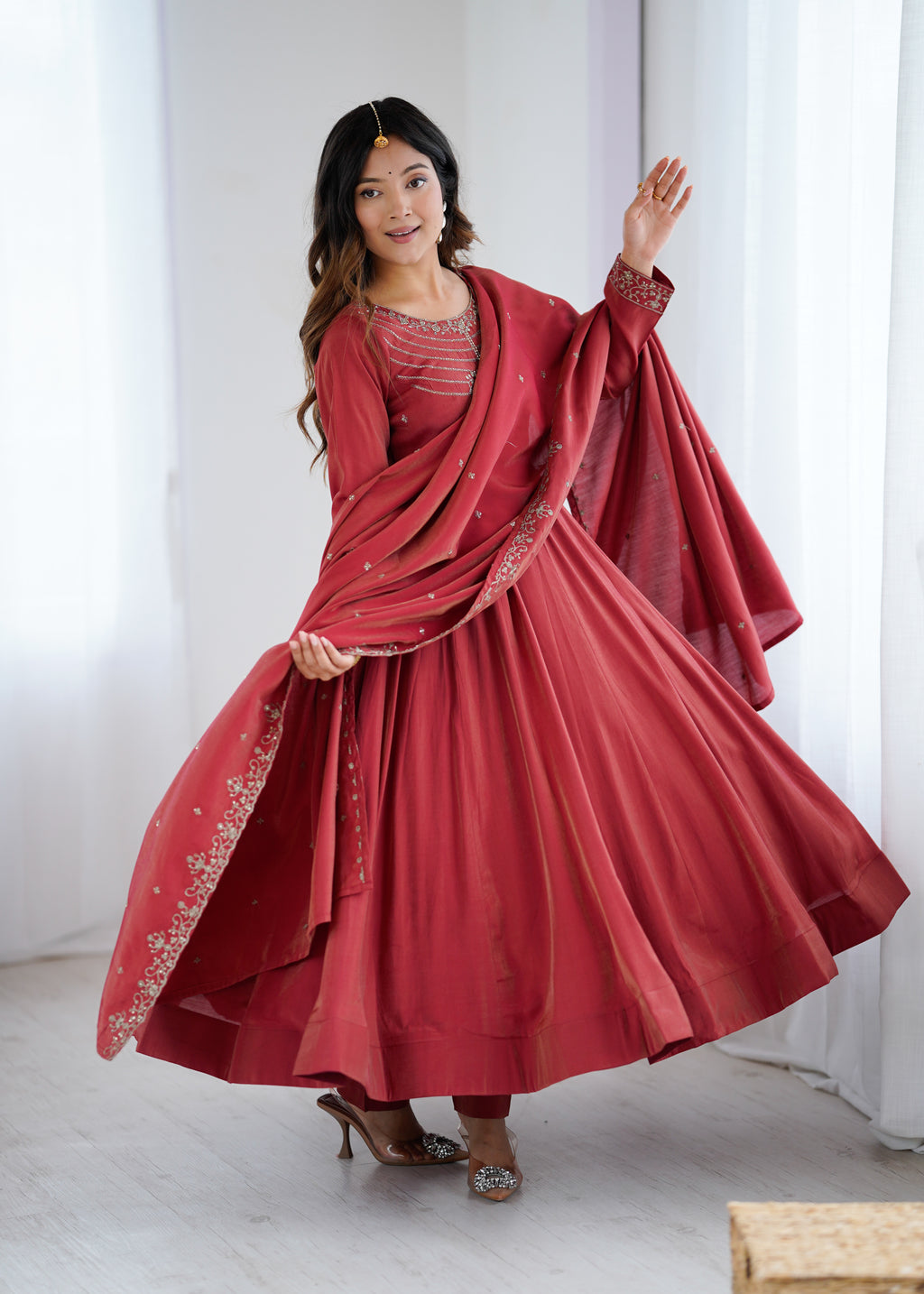 Maroon Roman Shimmer Chanderi Silk Embellished Anarkali Gown Set with Dupatta & Pant